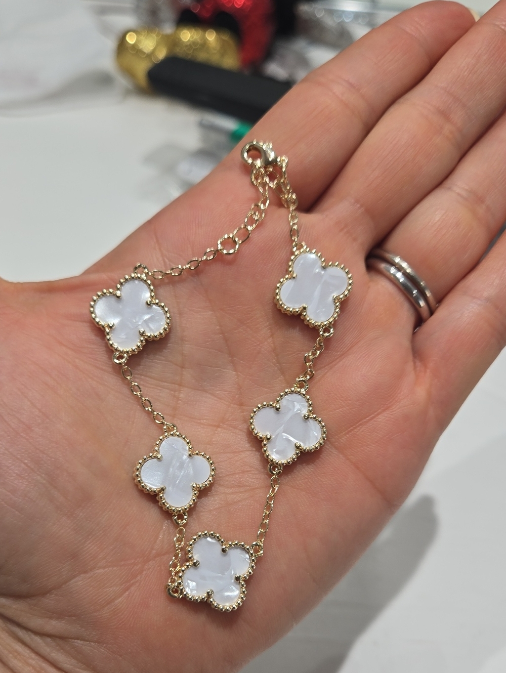 14k Gold Filled Bracelet with Mother Of Pearl Clover Motifs